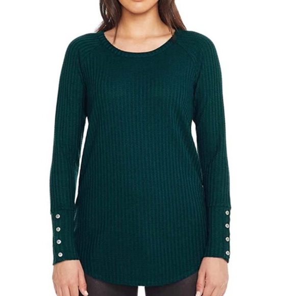 Chaser black waffle weave long sleeve shirt tunic rounded hi lo button sleeve - Picture 2 of 16